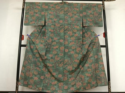 平和屋着物▽上質な紬 単衣 草花文 正絹 逸品 AABF8320jh