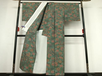 平和屋着物▽上質な紬 単衣 草花文 正絹 逸品 AABF8320jh