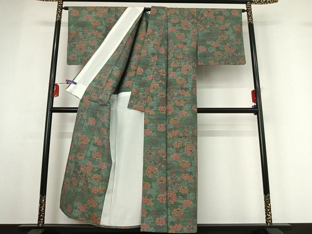 平和屋着物▽上質な紬 単衣 草花文 正絹 逸品 AABF8320jh