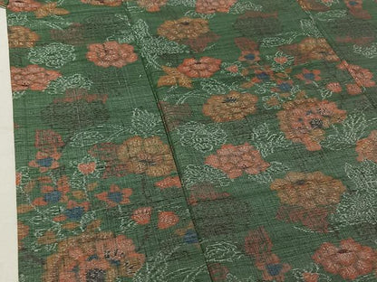 平和屋着物▽上質な紬 単衣 草花文 正絹 逸品 AABF8320jh