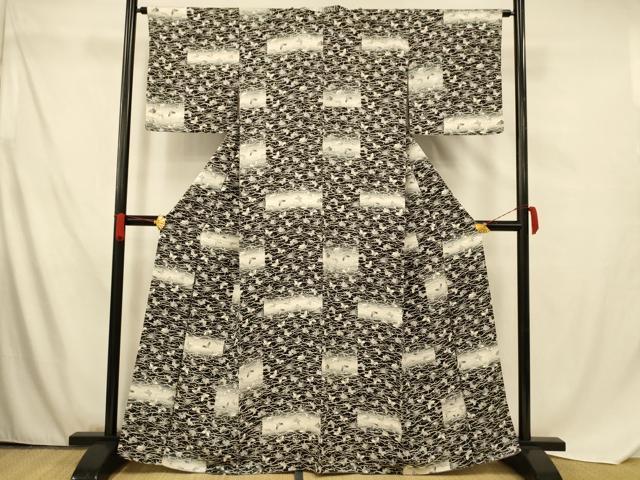 平和屋着物■上質な小紋 芝舞蝶文 暈し染め 黒地 高島屋扱い 正絹 逸品 AABF8380fw
