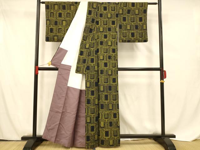 平和屋着物■上質な紬　格子　黒地　正絹　逸品　AABF8388fw
