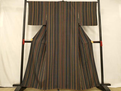 平和屋着物■上質な小紋　縞　黒地　正絹　逸品　AABF8489fw