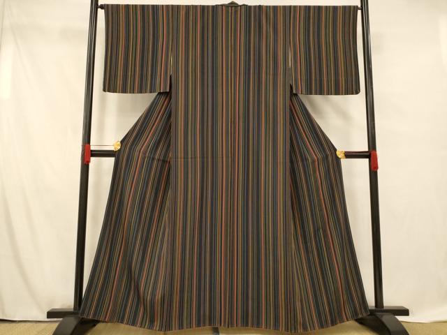 平和屋着物■上質な小紋　縞　黒地　正絹　逸品　AABF8489fw