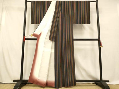 平和屋着物■上質な小紋　縞　黒地　正絹　逸品　AABF8489fw