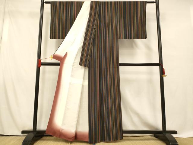 平和屋着物■上質な小紋　縞　黒地　正絹　逸品　AABF8489fw