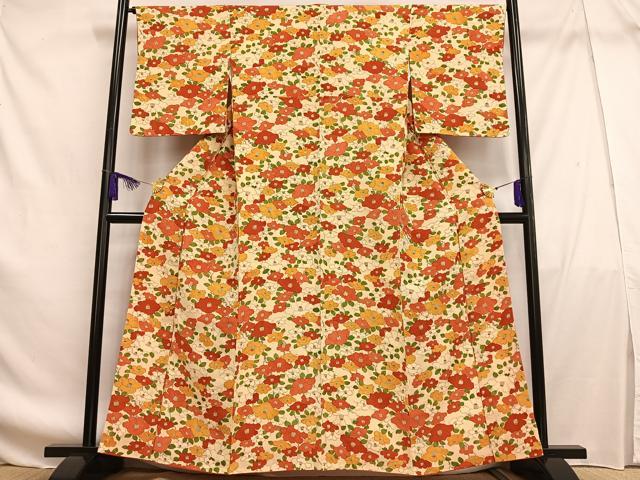 平和屋着物■上質な小紋 枝花文 鬼しぼ縮緬 正絹 逸品 AABF8579oa