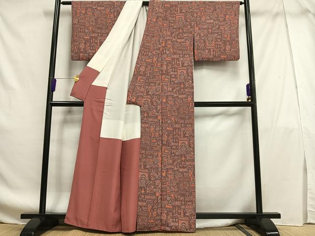平和屋着物■上質な小紋 陶器幾何学文様 正絹 逸品 AABF8617oa