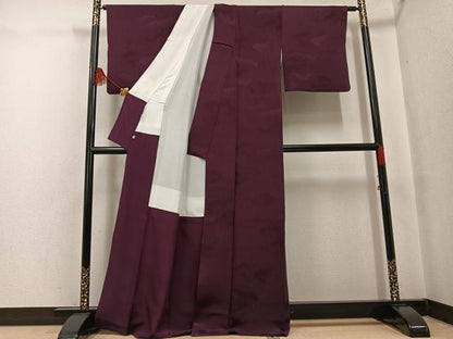 平和屋着物●上質な色無地　雲重ね草木地紋　濃色　正絹　逸品　AABF8734ph