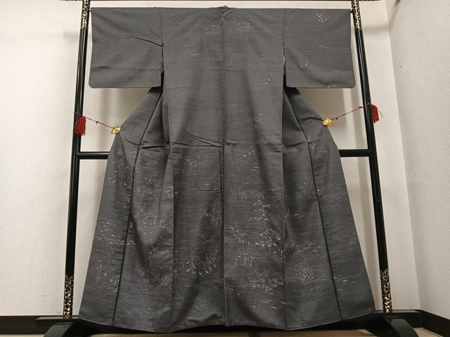 平和屋着物●訪問着　紬地　ろうけつ染め　流水風景草花文　正絹　逸品　AABF8742ph