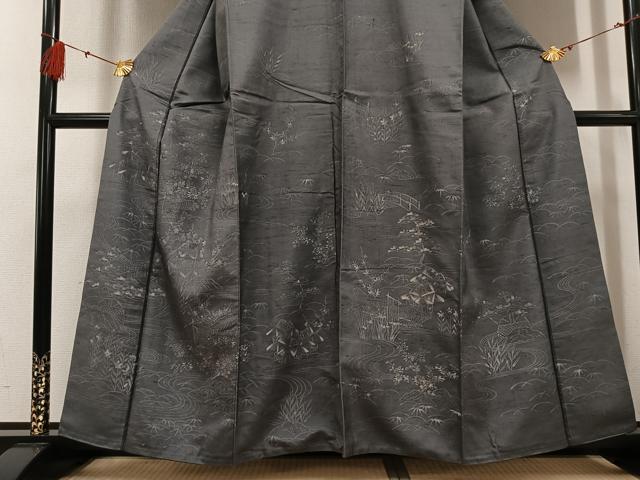 平和屋着物●訪問着　紬地　ろうけつ染め　流水風景草花文　正絹　逸品　AABF8742ph