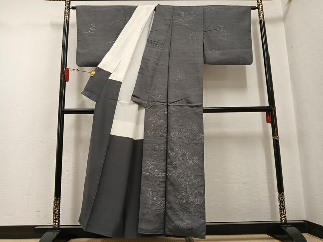平和屋着物●訪問着　紬地　ろうけつ染め　流水風景草花文　正絹　逸品　AABF8742ph