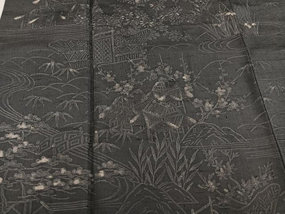 平和屋着物●訪問着　紬地　ろうけつ染め　流水風景草花文　正絹　逸品　AABF8742ph