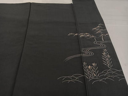 平和屋着物●訪問着　紬地　ろうけつ染め　流水風景草花文　正絹　逸品　AABF8742ph