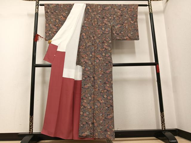 平和屋着物●上質な小紋 型染め 花鳥文 鬼しぼ縮緬 高島屋扱い 正絹 逸品 AABF8750ph