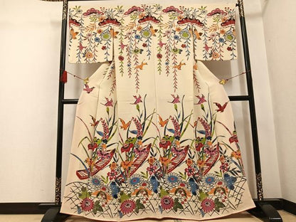 平和屋着物●訪問着 紅型 花船籬文 鬼しぼ縮緬 正絹 逸品 AABF8753ph