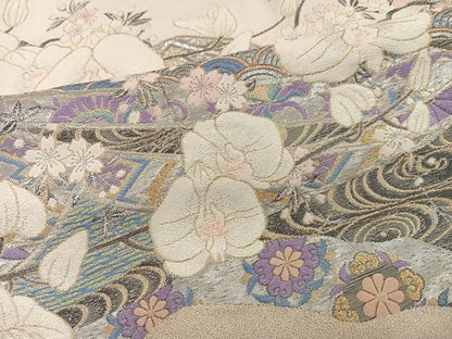 平和屋着物●豪華色留袖　寿光織　宮廷桜蘭図　胡蝶蘭　暈し染め　金銀糸　正絹　逸品　AABF8763ph