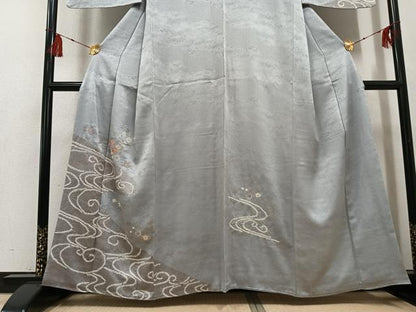 平和屋着物●訪問着　駒刺繍　絞り　流水草花文　金彩　西武百貨店扱い　正絹　逸品　未使用　AABF8777ph