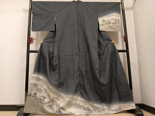 平和屋着物●訪問着　作家物　紬地　手描き　嵐山炎　霧の深津渓　暈し染め　正絹　逸品　未使用　AABF8780ph