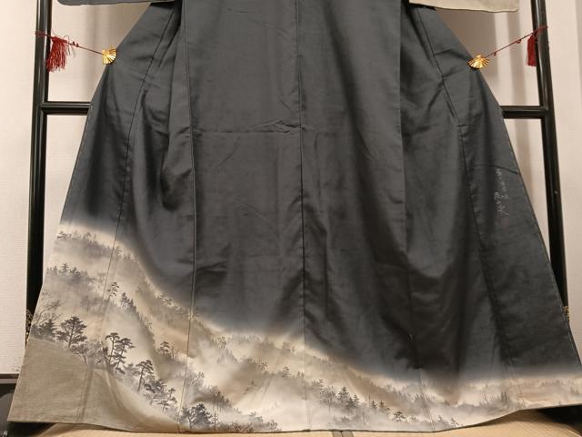 平和屋着物●訪問着　作家物　紬地　手描き　嵐山炎　霧の深津渓　暈し染め　正絹　逸品　未使用　AABF8780ph