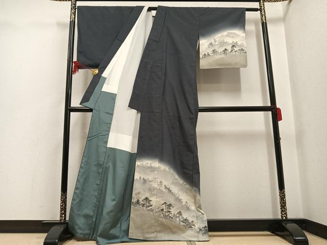 平和屋着物●訪問着　作家物　紬地　手描き　嵐山炎　霧の深津渓　暈し染め　正絹　逸品　未使用　AABF8780ph