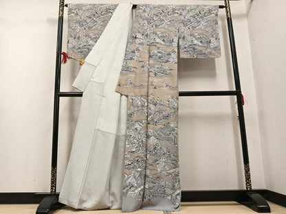 平和屋着物●訪問着　中国三大刺繍　スワトウ刺繍　汕頭刺繍　色紙人物草花文　金彩　正絹　逸品　未使用　AABF8782ph