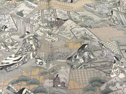 平和屋着物●訪問着　中国三大刺繍　スワトウ刺繍　汕頭刺繍　色紙人物草花文　金彩　正絹　逸品　未使用　AABF8782ph