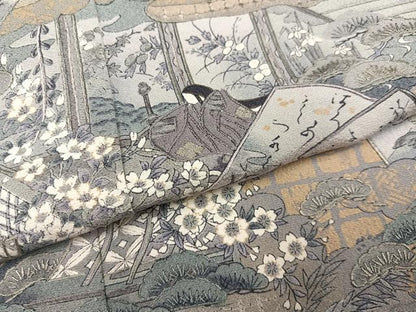 平和屋着物●訪問着　中国三大刺繍　スワトウ刺繍　汕頭刺繍　色紙人物草花文　金彩　正絹　逸品　未使用　AABF8782ph