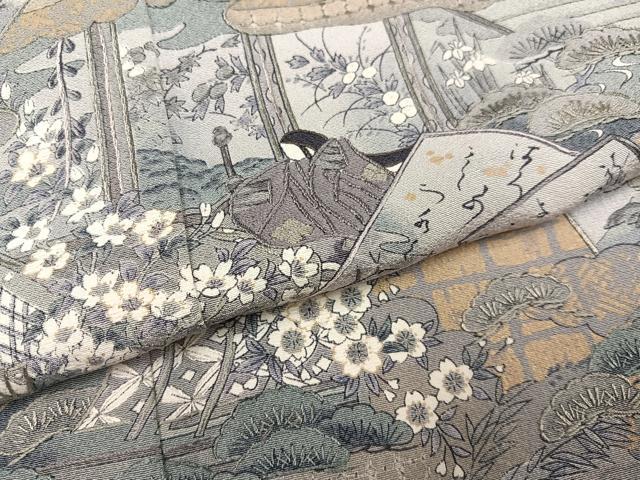 平和屋着物●訪問着　中国三大刺繍　スワトウ刺繍　汕頭刺繍　色紙人物草花文　金彩　正絹　逸品　未使用　AABF8782ph