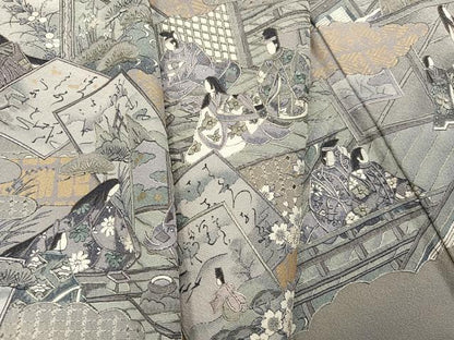 平和屋着物●訪問着　中国三大刺繍　スワトウ刺繍　汕頭刺繍　色紙人物草花文　金彩　正絹　逸品　未使用　AABF8782ph