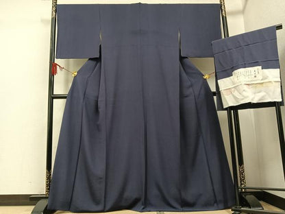 平和屋着物●江戸小紋　毛万筋　滅紫色×蝉色　丹後ちりめん　反端付き　正絹　逸品　AABF8787ph