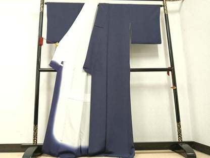 平和屋着物●江戸小紋　毛万筋　滅紫色×蝉色　丹後ちりめん　反端付き　正絹　逸品　AABF8787ph
