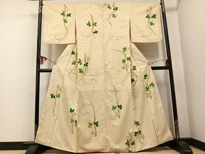 平和屋着物●上質な小紋　紬地　手描き　葡萄蔦の葉文　正絹　逸品　AABF8790ph