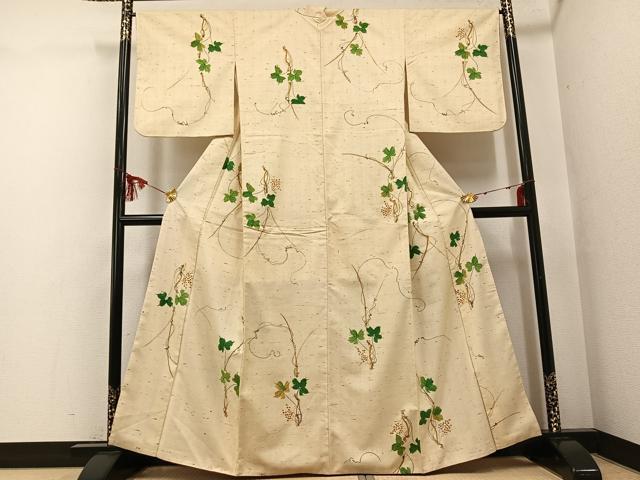 平和屋着物●上質な小紋　紬地　手描き　葡萄蔦の葉文　正絹　逸品　AABF8790ph