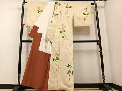 平和屋着物●上質な小紋　紬地　手描き　葡萄蔦の葉文　正絹　逸品　AABF8790ph