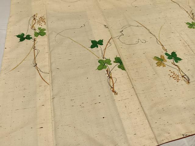 平和屋着物●上質な小紋　紬地　手描き　葡萄蔦の葉文　正絹　逸品　AABF8790ph