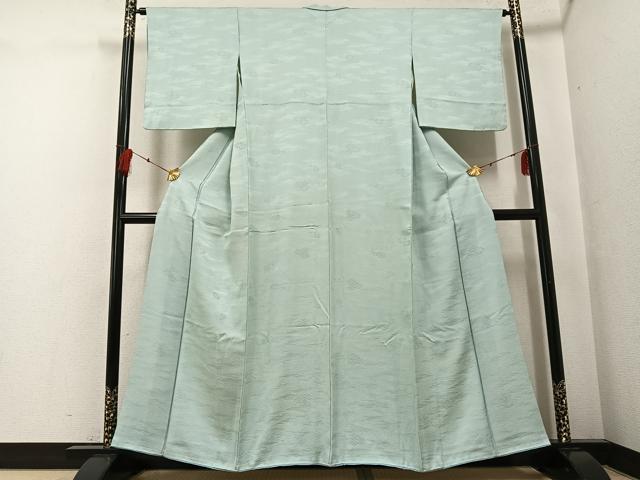 平和屋着物●上質な色無地　七宝花地紋　白緑色　正絹　逸品　AABF8795ph