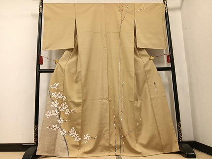平和屋着物●日本工芸会正会員　京友禅作家　清水光美　訪問着　紬地　枝花文　金彩　三越扱い　正絹　逸品　AABF8798ph