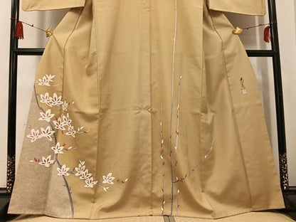 平和屋着物●日本工芸会正会員　京友禅作家　清水光美　訪問着　紬地　枝花文　金彩　三越扱い　正絹　逸品　AABF8798ph