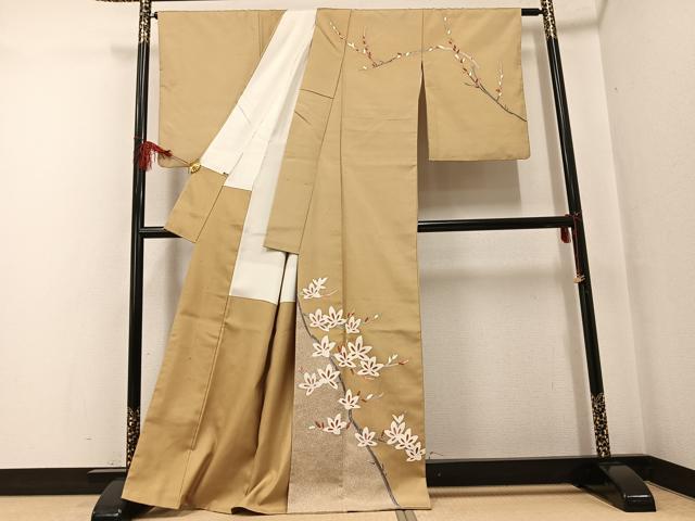 平和屋着物●日本工芸会正会員　京友禅作家　清水光美　訪問着　紬地　枝花文　金彩　三越扱い　正絹　逸品　AABF8798ph