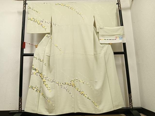 平和屋着物●日本工芸会正会員　生駒暉夫　訪問着　草花文　浜ちりめん　反端付き　正絹　逸品　AABF8799ph