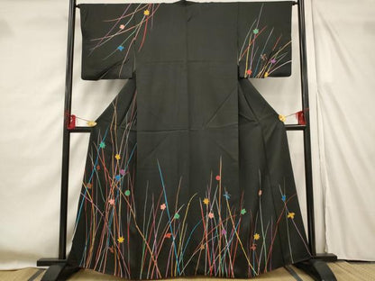 平和屋着物■訪問着　草花文　黒地　金彩　正絹　逸品　AABF8891st