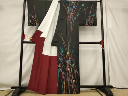 平和屋着物■訪問着　草花文　黒地　金彩　正絹　逸品　AABF8891st