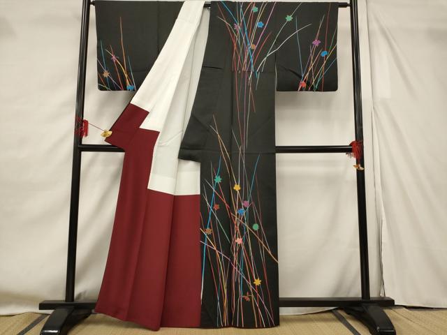 平和屋着物■訪問着　草花文　黒地　金彩　正絹　逸品　AABF8891st