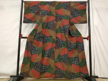 平和屋着物■上質な紬　切り嵌め青海波花文　正絹　逸品　未使用　AABF8921st
