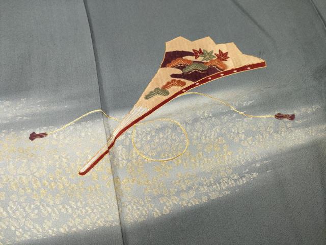 平和屋着物●日本舞踊家 岩井流宗元　岩井友見　訪問着　駒刺繍　扇面松文　金銀彩　正絹　逸品　AABF8971ck