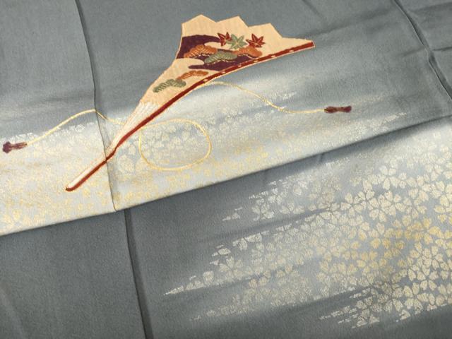 平和屋着物●日本舞踊家 岩井流宗元　岩井友見　訪問着　駒刺繍　扇面松文　金銀彩　正絹　逸品　AABF8971ck