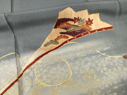 平和屋着物●日本舞踊家 岩井流宗元　岩井友見　訪問着　駒刺繍　扇面松文　金銀彩　正絹　逸品　AABF8971ck