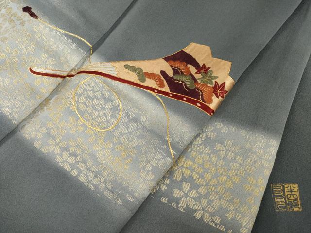 平和屋着物●日本舞踊家 岩井流宗元　岩井友見　訪問着　駒刺繍　扇面松文　金銀彩　正絹　逸品　AABF8971ck