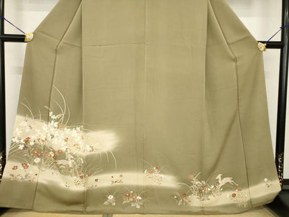 平和屋着物●訪問着　草花文　鹿　暈し染め　金彩　正絹　逸品　AABF8978ck
